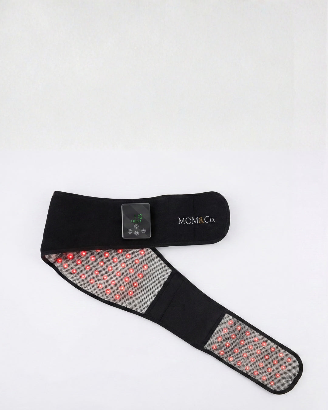Black LED light therapy belt with control panel, mesh section, and visible red lights
