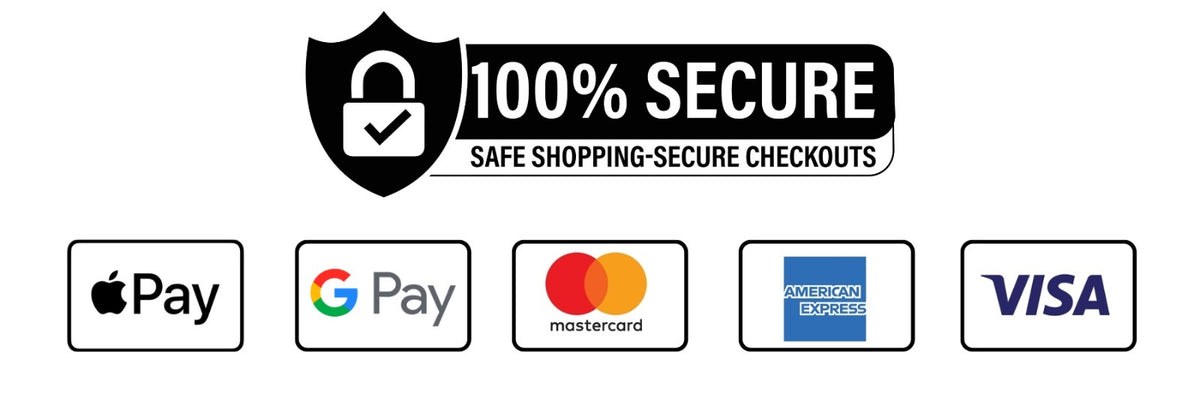 Secure checkout icons for Apple Pay, Google Pay, Mastercard, American Express, and Visa